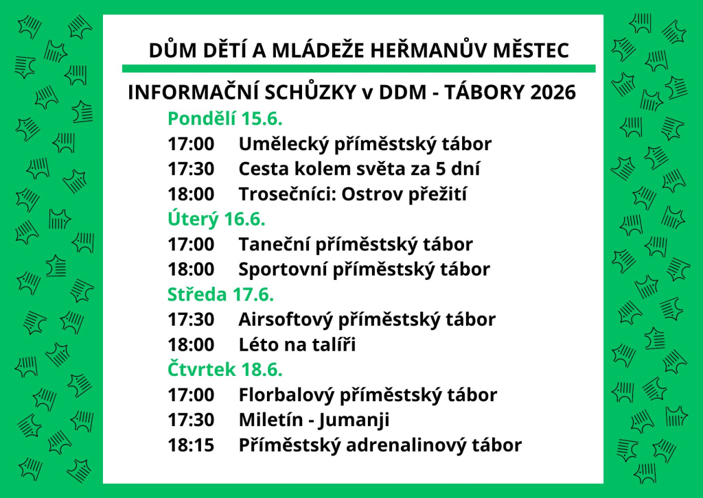 INFORMAČNÍ SCHŮZKY K TÁBORŮM 2026